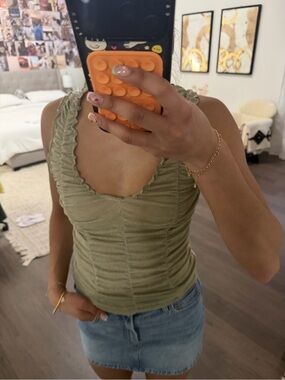 Urban Outfitters Olive Ruched Tank with Ruffled Straps